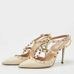 Pre Owned Valentino Cream Leather Rockstud Ankle Strap Pumps Size 39