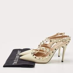 Pre Owned Valentino Cream Leather Rockstud Ankle Strap Pumps Size 39