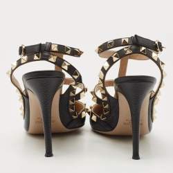 Pre Owned Valentino Black Leather Rockstud Ankle Strap Pumps Size 37