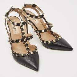 Pre Owned Valentino Black Leather Rockstud Ankle Strap Pumps Size 37