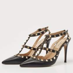 Pre Owned Valentino Black Leather Rockstud Ankle Strap Pumps Size 37