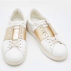 Pre Owned Valentino White/Gold Leather Rockstud Low Top Open Sneakers Size 40
