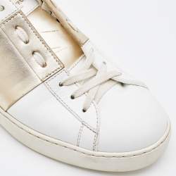Pre Owned Valentino White/Gold Leather Rockstud Low Top Open Sneakers Size 40