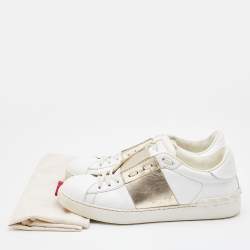 Pre Owned Valentino White/Gold Leather Rockstud Low Top Open Sneakers Size 40