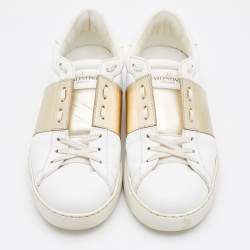 Pre Owned Valentino White/Gold Leather Rockstud Low Top Open Sneakers Size 40