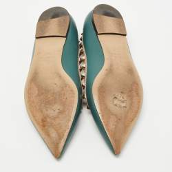 Pre Owned Valentino Teal Green Leather Rockstud Ballet Flats Size 38.5