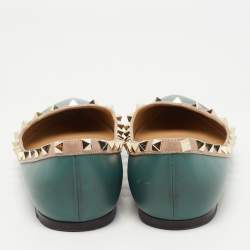 Pre Owned Valentino Teal Green Leather Rockstud Ballet Flats Size 38.5