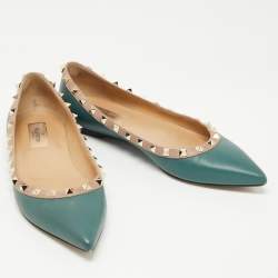 Pre Owned Valentino Teal Green Leather Rockstud Ballet Flats Size 38.5
