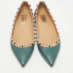 Pre Owned Valentino Teal Green Leather Rockstud Ballet Flats Size 38.5