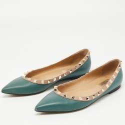 Pre Owned Valentino Teal Green Leather Rockstud Ballet Flats Size 38.5