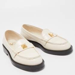Pre Owned Valentino Cream Leather Roman Stud Loafer Size 38
