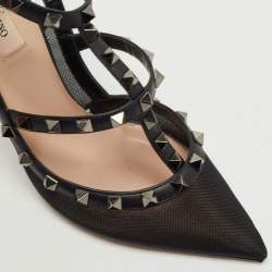 Pre Owned Valentino Black Leather and Mesh Rockstud Strappy Slingback Pumps Size 39