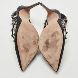 Pre Owned Valentino Black Leather and Mesh Rockstud Strappy Slingback Pumps Size 39