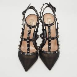 Pre Owned Valentino Black Leather and Mesh Rockstud Strappy Slingback Pumps Size 39