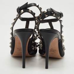 Pre Owned Valentino Black Leather and Mesh Rockstud Strappy Slingback Pumps Size 39