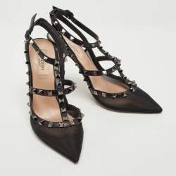 Pre Owned Valentino Black Leather and Mesh Rockstud Strappy Slingback Pumps Size 39