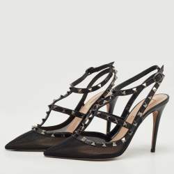 Pre Owned Valentino Black Leather and Mesh Rockstud Strappy Slingback Pumps Size 39