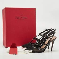 Pre Owned Valentino Black Leather and Mesh Rockstud Strappy Slingback Pumps Size 39