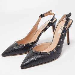 Pre Owned Valentino Black Watersnake Leather and Leather Rockstud Pumps Size 39