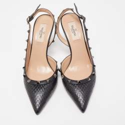 Pre Owned Valentino Black Watersnake Leather and Leather Rockstud Pumps Size 39