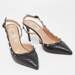 Pre Owned Valentino Black Watersnake Leather and Leather Rockstud Pumps Size 39