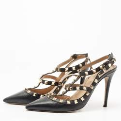 Pre Owned Valentino Black Leather Rockstud Pumps Size 38