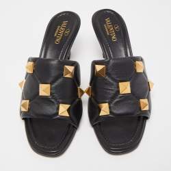 Pre Owned Valentino Black Leather Roman Stud Sandals Size 37