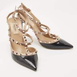 Pre Owned Valentino Black/Pink Patent and Leather Rockstud Caged Pumps Size 39.5