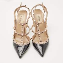 Pre Owned Valentino Black/Pink Patent and Leather Rockstud Caged Pumps Size 39.5