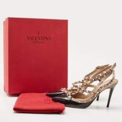 Pre Owned Valentino Black/Pink Patent and Leather Rockstud Caged Pumps Size 39.5