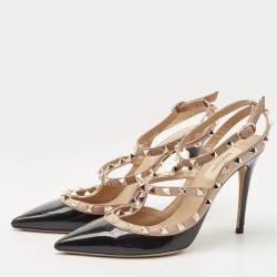 Pre Owned Valentino Black/Pink Patent and Leather Rockstud Caged Pumps Size 39.5