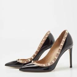 Pre Owned Valentino Black/Beige Patent and Leather Rockstud  Pumps Size 35