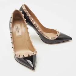Pre Owned Valentino Black/Beige Patent and Leather Rockstud  Pumps Size 35