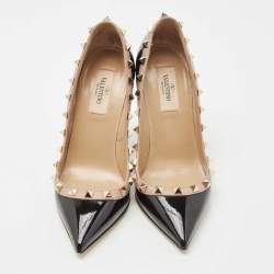 Pre Owned Valentino Black/Beige Patent and Leather Rockstud  Pumps Size 35