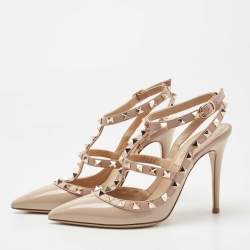 Pre Owned Valentino Beige Leather and Patent Rockstud Ankle Strap Pumps Size 36