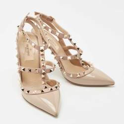 Pre Owned Valentino Beige Leather and Patent Rockstud Ankle Strap Pumps Size 36