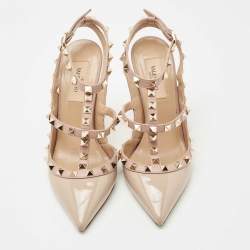 Pre Owned Valentino Beige Leather and Patent Rockstud Ankle Strap Pumps Size 36