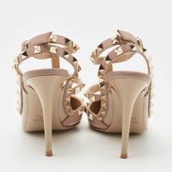 Pre Owned Valentino Beige Leather and Patent Rockstud Ankle Strap Pumps Size 36