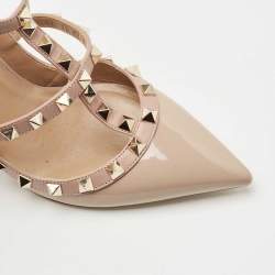 Pre Owned Valentino Beige Leather and Patent Rockstud Ankle Strap Pumps Size 36