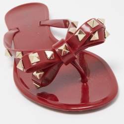 Pre Owned Valentino Burgundy Jelly Bow Rockstud Thong Flats Size 36