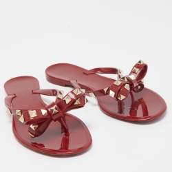 Pre Owned Valentino Burgundy Jelly Bow Rockstud Thong Flats Size 36