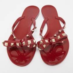 Pre Owned Valentino Burgundy Jelly Bow Rockstud Thong Flats Size 36