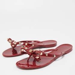 Pre Owned Valentino Burgundy Jelly Bow Rockstud Thong Flats Size 36