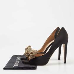 Pre Owned Valentino Black Satin Crystal Embellished Bow Peep Toe D'orsay Pumps Size 39