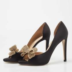 Pre Owned Valentino Black Satin Crystal Embellished Bow Peep Toe D'orsay Pumps Size 39