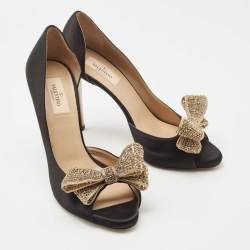 Pre Owned Valentino Black Satin Crystal Embellished Bow Peep Toe D'orsay Pumps Size 39