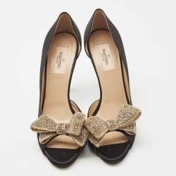 Pre Owned Valentino Black Satin Crystal Embellished Bow Peep Toe D'orsay Pumps Size 39