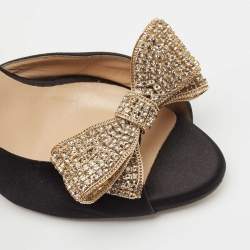 Pre Owned Valentino Black Satin Crystal Embellished Bow Peep Toe D'orsay Pumps Size 39