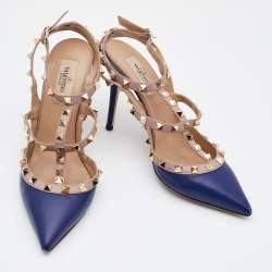 Pre Owned Valentino Blue/Pink Leather Rockstud Pointed Toe Ankle Strap Pumps Size 38