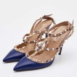 Pre Owned Valentino Blue/Pink Leather Rockstud Pointed Toe Ankle Strap Pumps Size 38